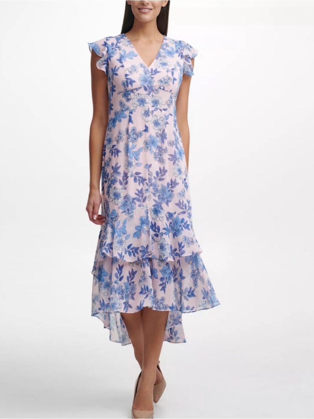 Tommy Hilfiger Pink and Blue Floral High-Low Ruffle Dress